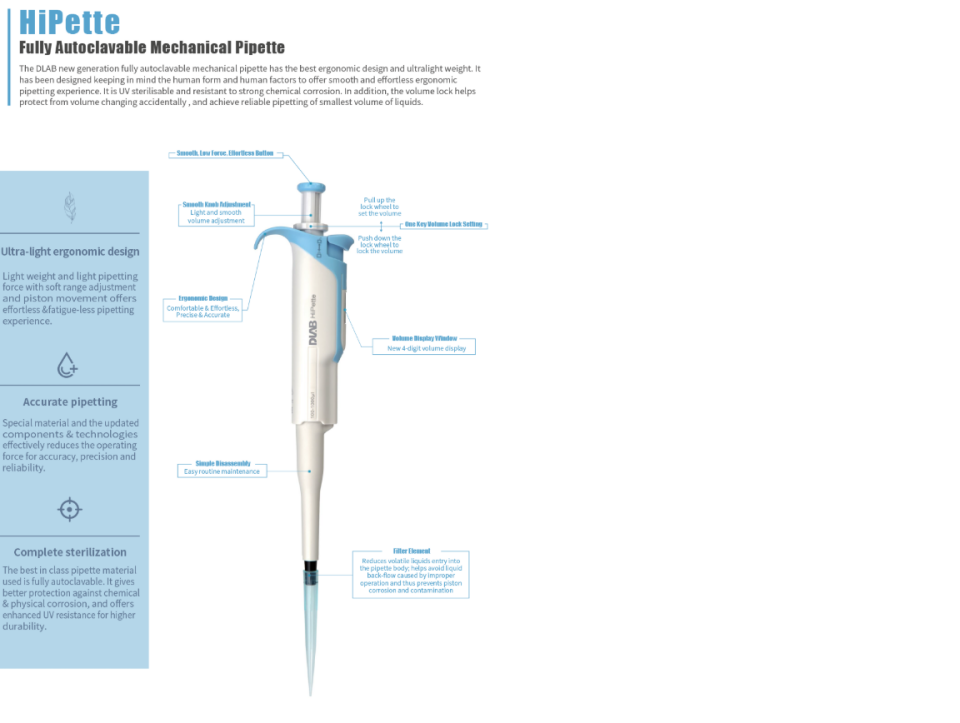 DLAB HiPette Ayarlanabilir Otomatik Pipet Tamamı Otoklavlanabilir 10-100 μl